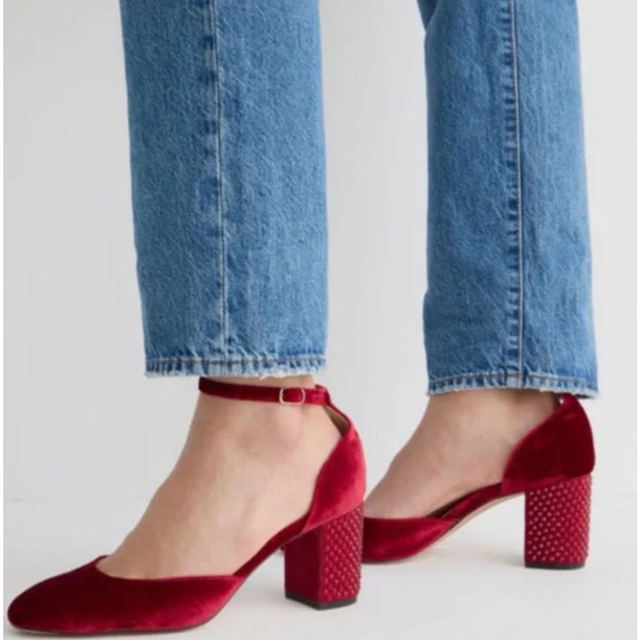 J. CREW Maisie Studded Heels Velvet Red Rhinestone Ankle...